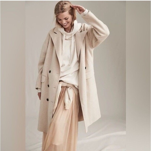 Free People Double Breasted Wool Blend Coat Size M Maxi Coat in Sand Oversized - Picture 4 of 16